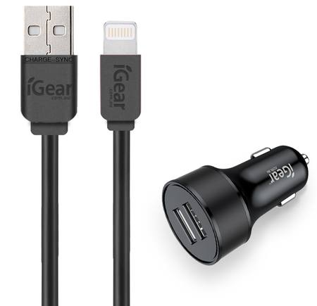 CAR CHARGER - DUAL USB WITH CABLE SUIT FOR iPhone 5 to 14 - BLACK