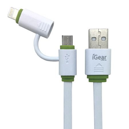 2 IN 1 - USB TO MICRO USB DEVICES OR iPhone MODELS 5 TO 14 - 1M CABLE - WHITE/GREEN